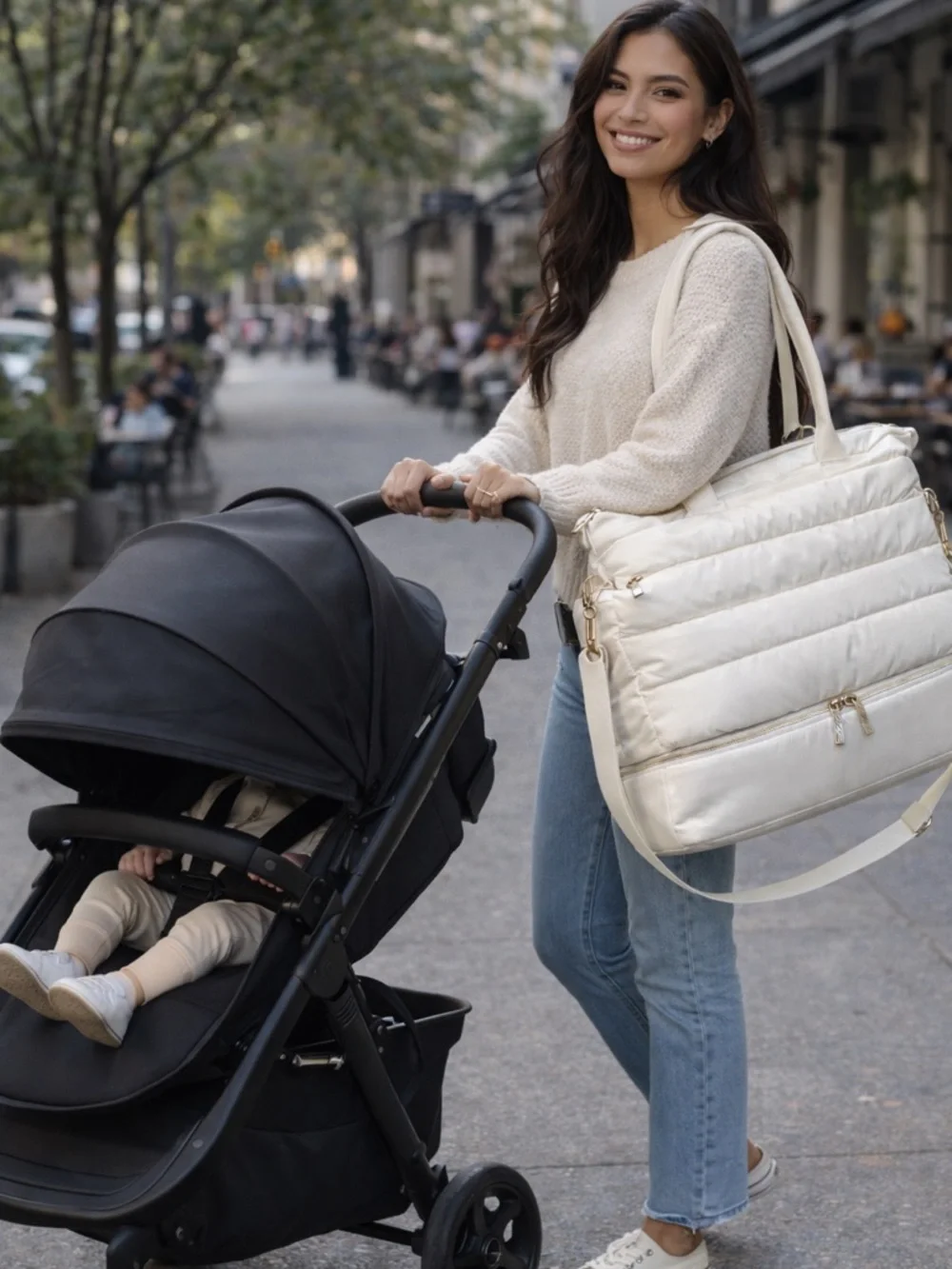 Quilted Puffer Tote Bag in Ivory - Women Bags